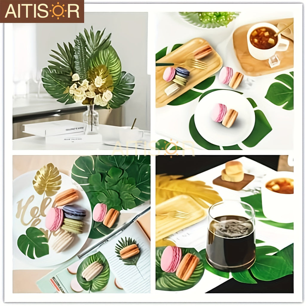 72pcs 10 Kinds Artificial Tropical Palm Leaves Tropical Leaves Monstera Leaves Safari Jungle Leaf with Stems for Hawaiian Luau Party Beach Table Wedding Shower Birthday Theme Decorations