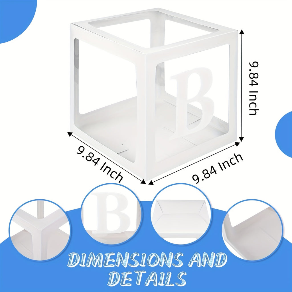 9.85-Inch White Transparent Youngsters Letter Gift Box - Elegant Square Balloon Box for Youngsters Showers, Birthdays & Gender Reveals (Balloons Not Included), Celebration Decoration | Modern Gift Box | Paperboard Constructio