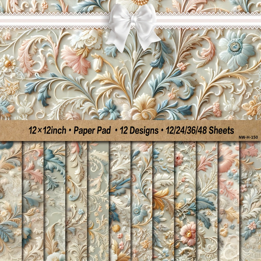 12/24/36/48 Sheets 3D Embossed Floral Scrapbook Paper Pad, 12x12 Inch Decorative Craft Cardstock for DIY Card Making, Art Projects & Background Supplies