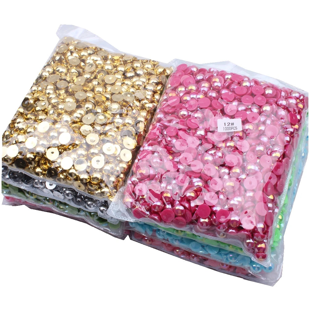 Hot Sale 1000pcs 12mm AB Colors Glue on Resin Half Round Flatback Beads for Clothes Dresses DIY Crafts Scrapbook Decoration