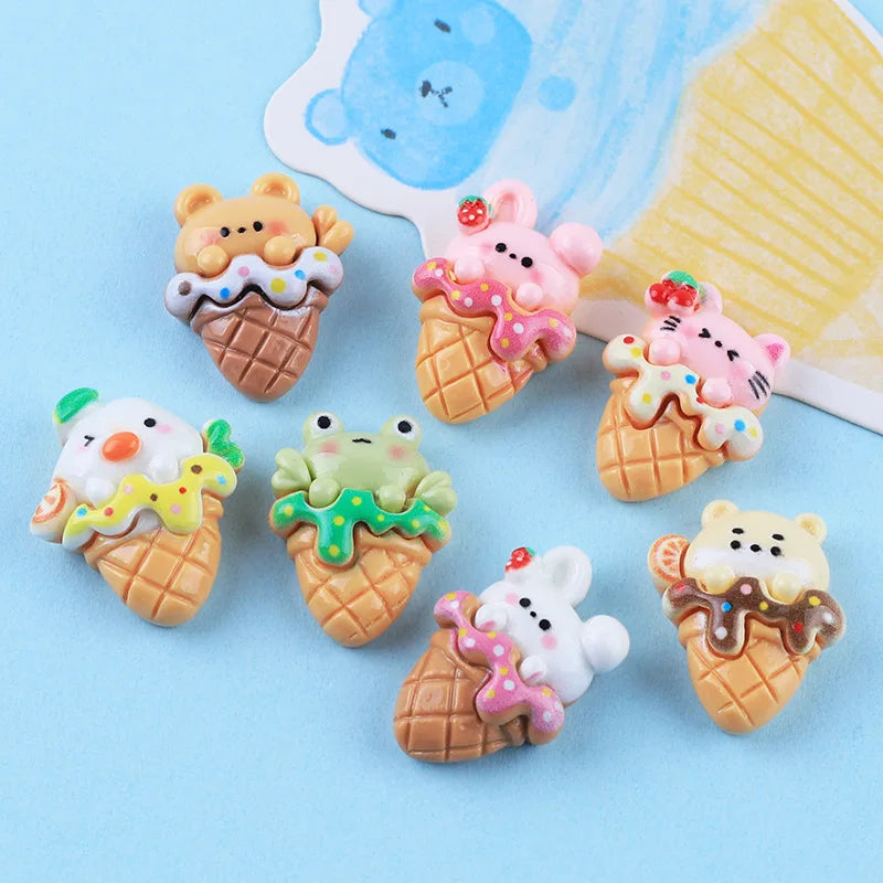 100Pcs Cartoon Mini Cute Bear Frog Ice Cream Flat Back Resin Cabochons Scrapbook Craft Diy Hair Bows Accessories Home Decor
