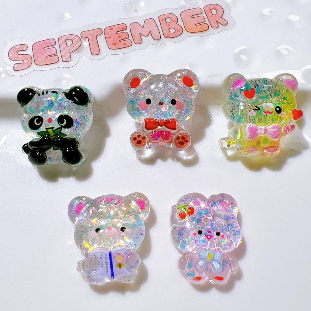 100Pcs Kawaii Glitter Cartoon Panda Bear Flat Back Resin Cabochon Scrapbook Crafts DIY Hair Accessories Phone Decor