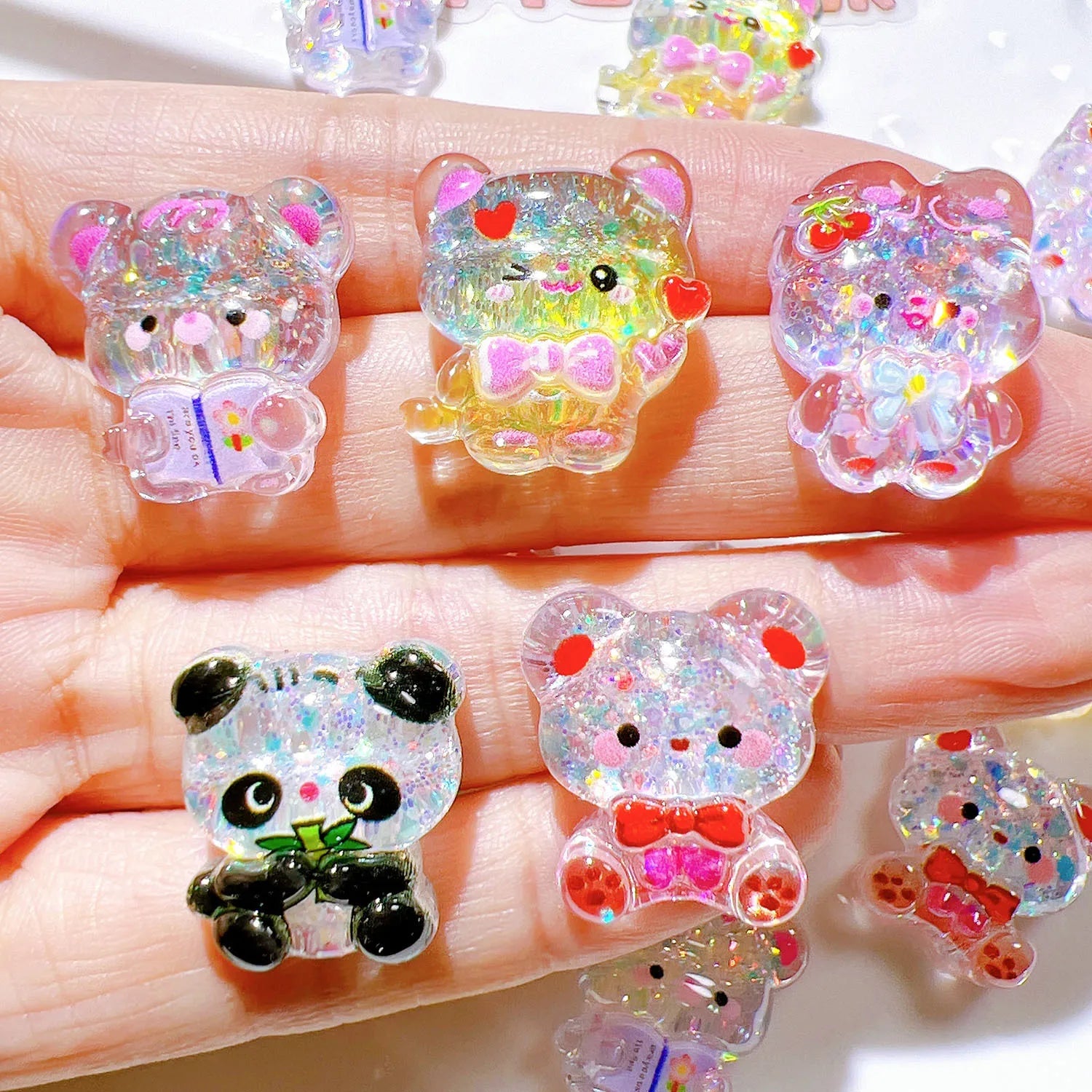 100Pcs Kawaii Glitter Cartoon Panda Bear Flat Back Resin Cabochon Scrapbook Crafts DIY Hair Accessories Phone Decor