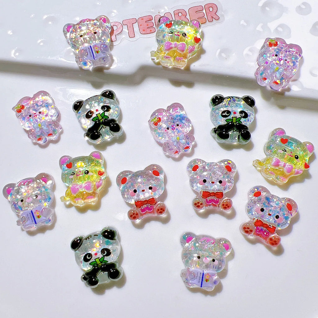 100Pcs Kawaii Glitter Cartoon Panda Bear Flat Back Resin Cabochon Scrapbook Crafts DIY Hair Accessories Phone Decor