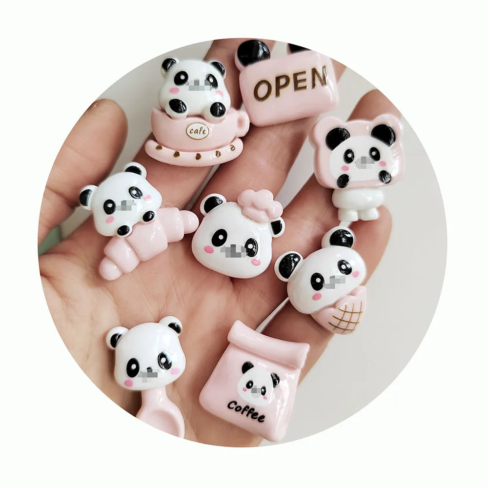 Kawaii Pink Panda Resin Figurines Food Bread Milk Charms Fit Slime Scrapbook Decorations