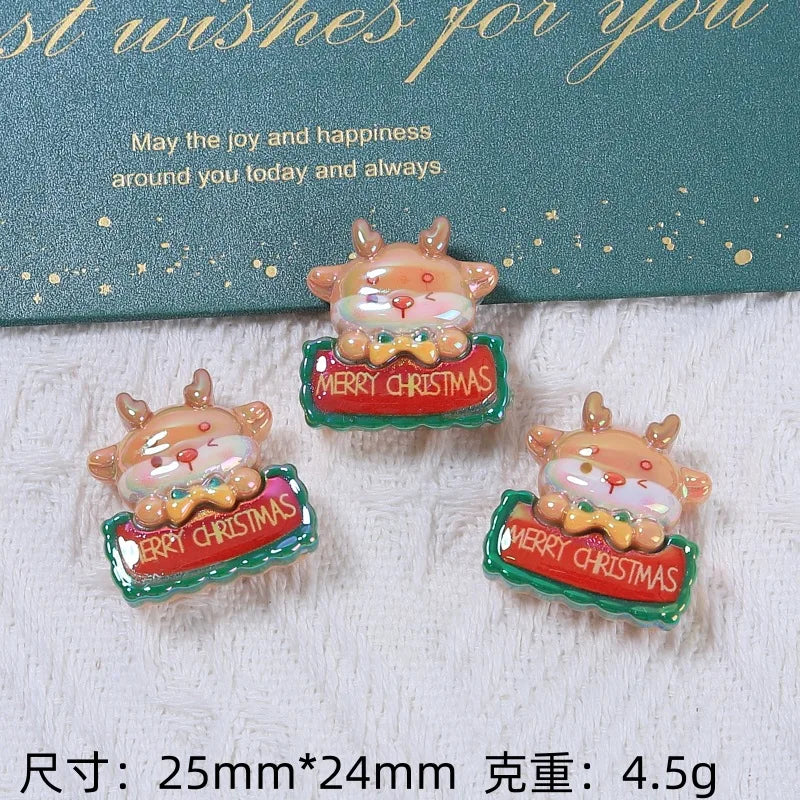 100Pcs Electroplate Shiny Christmas Elk Bear Tree Flat Back Resin Cabochon Scrapbook for Phone Case Art Decoration Accessories