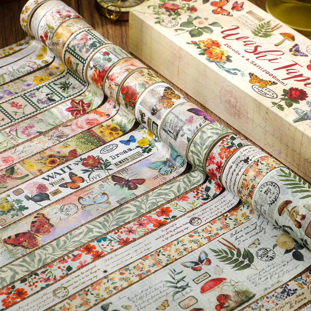 IMODA Stationery 20 Rolls Vintage Washi Tape Set Floral Butterfly Decorative Tape for Scrapbook Journal DIY Crafts Gift Wrapping