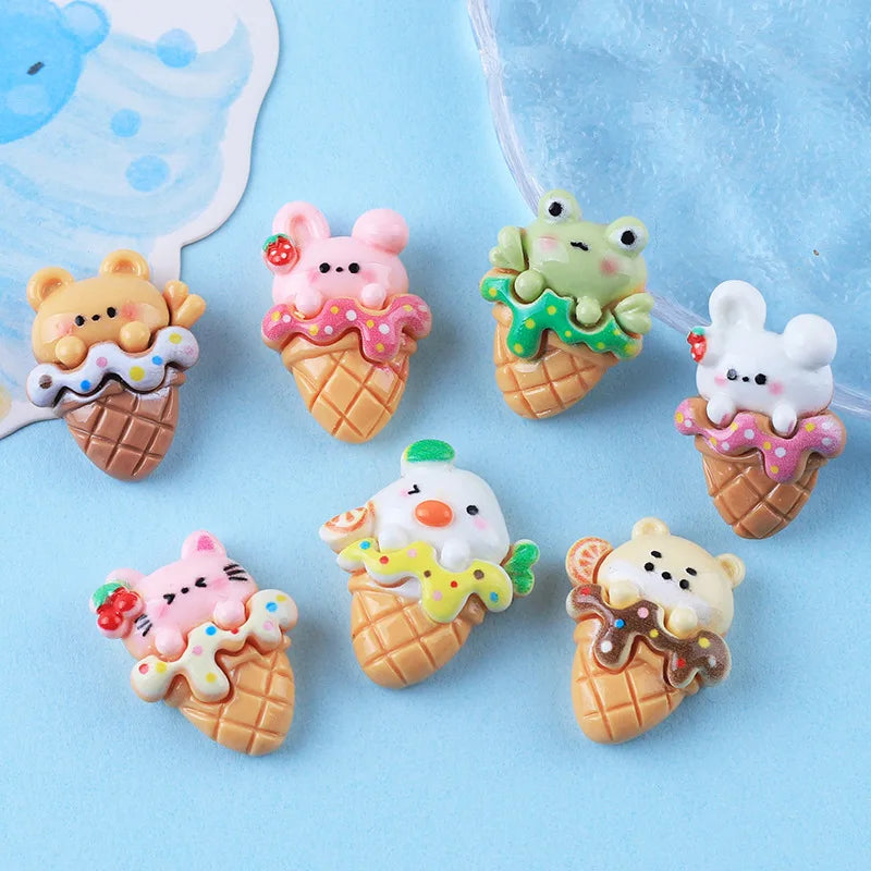 100Pcs Cartoon Mini Cute Bear Frog Ice Cream Flat Back Resin Cabochons Scrapbook Craft Diy Hair Bows Accessories Home Decor