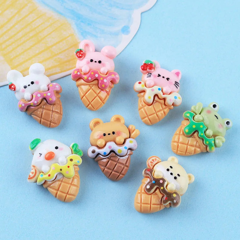 100Pcs Cartoon Mini Cute Bear Frog Ice Cream Flat Back Resin Cabochons Scrapbook Craft Diy Hair Bows Accessories Home Decor