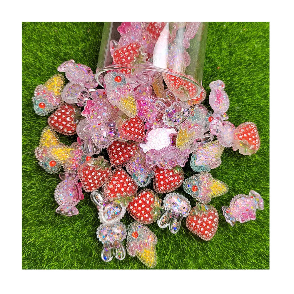 100Pcs Cute Cartoon Rabbit Strawberry Candy Ice Cream Resin Flat Back Cabochon Scrapbook Kawaii DIY Jewellery Charm Hair Bow Dec