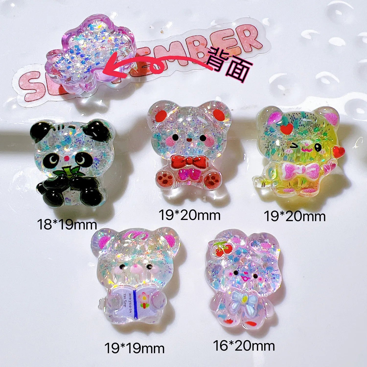 100Pcs Kawaii Glitter Cartoon Panda Bear Flat Back Resin Cabochon Scrapbook Crafts DIY Hair Accessories Phone Decor