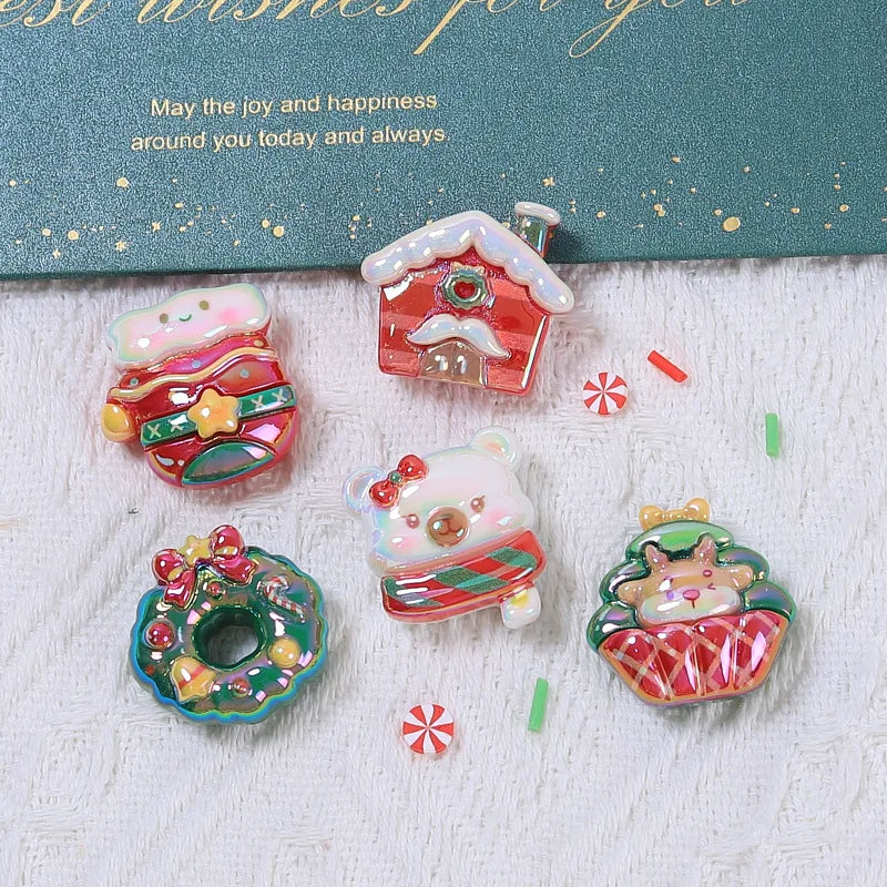 100Pcs Electroplate Shiny Christmas Elk Bear Tree Flat Back Resin Cabochon Scrapbook for Phone Case Art Decoration Accessories