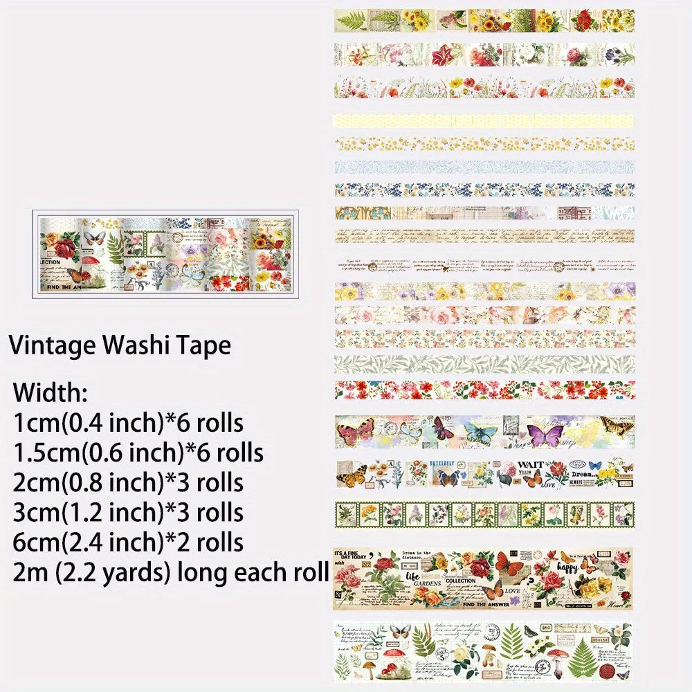 IMODA Stationery 20 Rolls Vintage Washi Tape Set Floral Butterfly Decorative Tape for Scrapbook Journal DIY Crafts Gift Wrapping