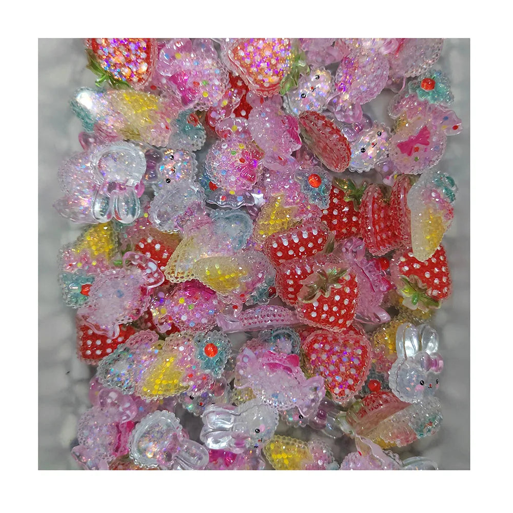 100Pcs Cute Cartoon Rabbit Strawberry Candy Ice Cream Resin Flat Back Cabochon Scrapbook Kawaii DIY Jewellery Charm Hair Bow Dec