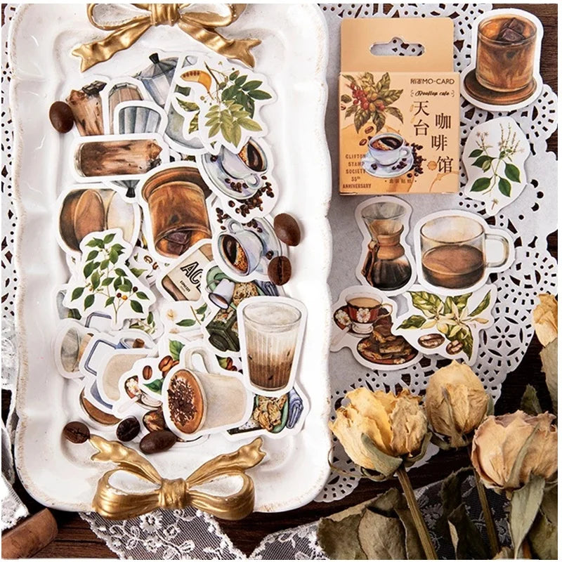 45pcs/pack Vintage Rooftop Coffee Shop Scrapbooking Planner Paper Coffee Scrapbook Stickers
