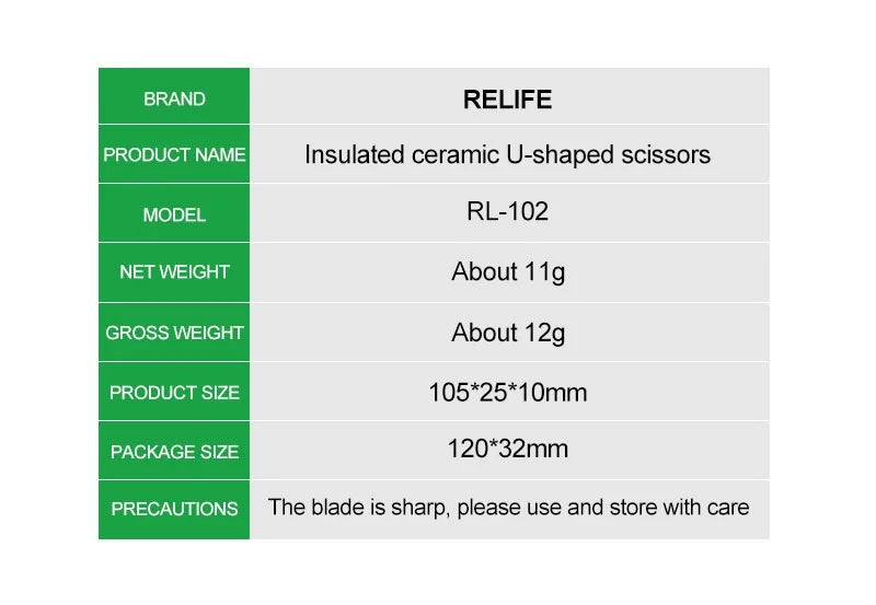 RELIFE RL-102 Insulated Ceramic Scissors High Hardness U-shaped Scissors for Mobile Phone Repair Tools Cutting Battery Cables