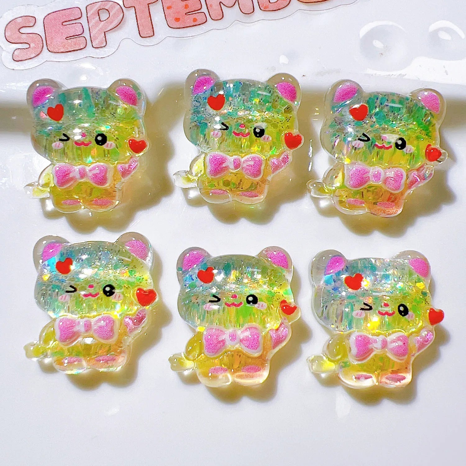 100Pcs Kawaii Glitter Cartoon Panda Bear Flat Back Resin Cabochon Scrapbook Crafts DIY Hair Accessories Phone Decor