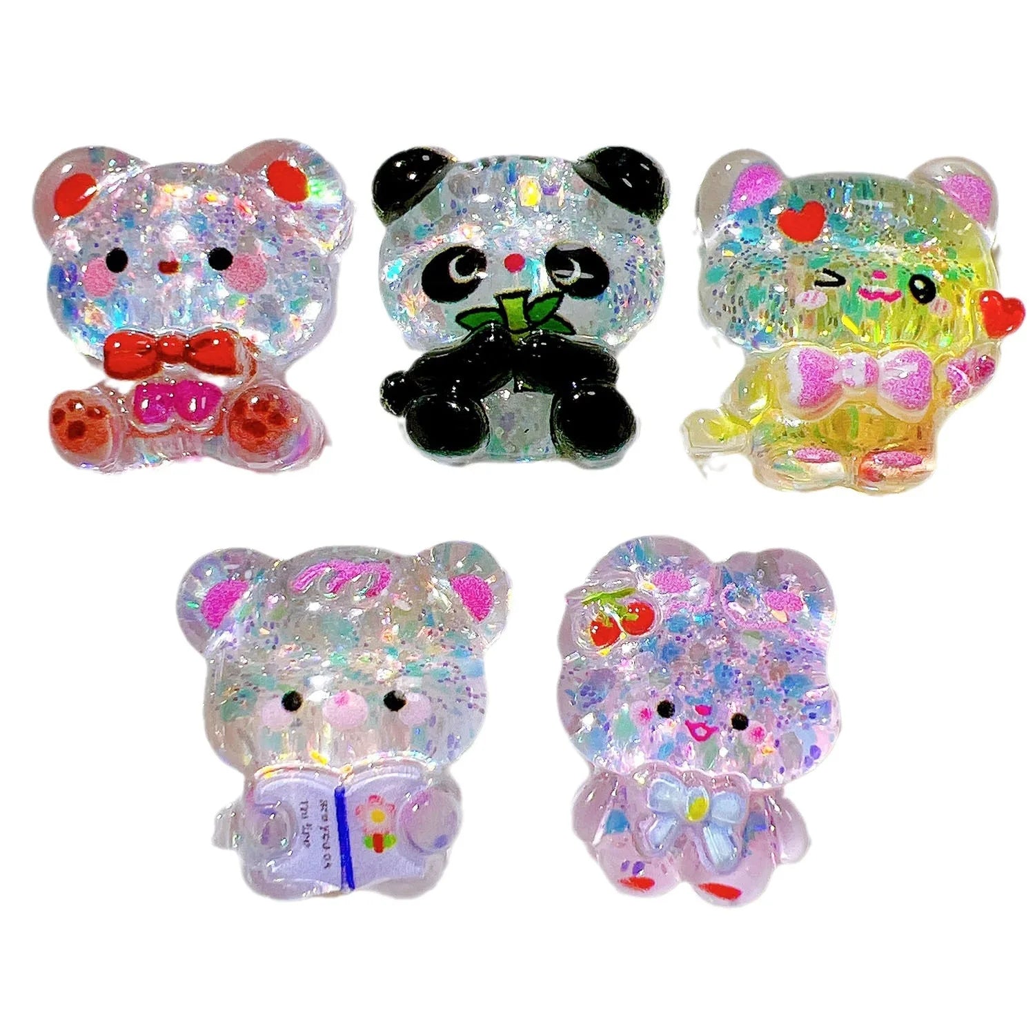 100Pcs Kawaii Glitter Cartoon Panda Bear Flat Back Resin Cabochon Scrapbook Crafts DIY Hair Accessories Phone Decor