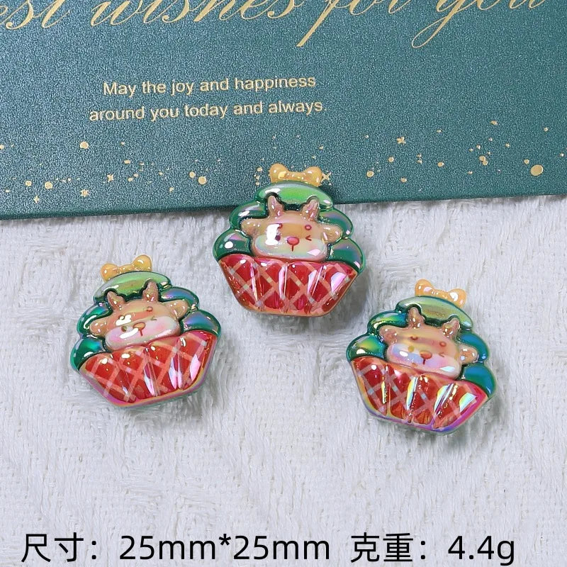100Pcs Electroplate Shiny Christmas Elk Bear Tree Flat Back Resin Cabochon Scrapbook for Phone Case Art Decoration Accessories