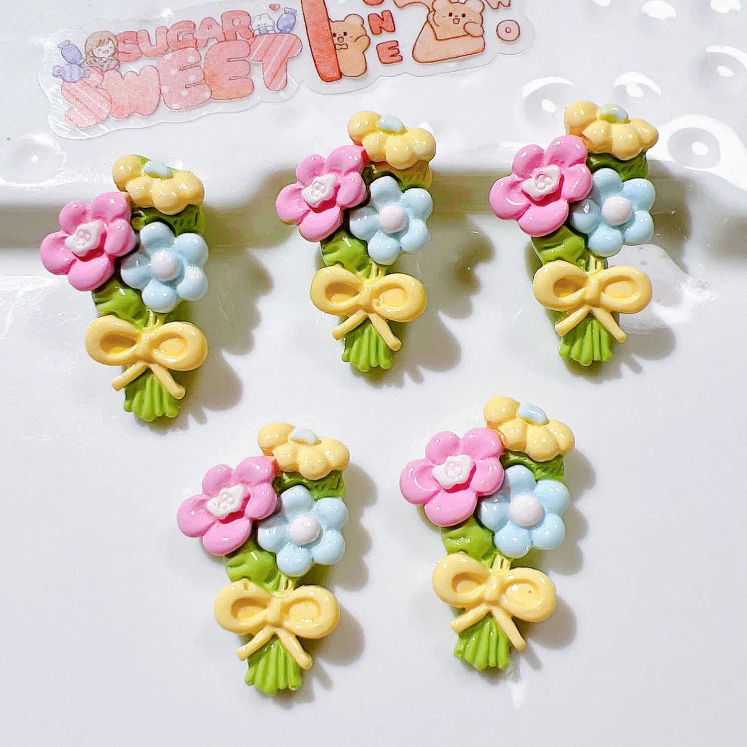 100pcs/bag Colorful Resin Flowers With Bow Flatback Cabochon Embellishment Craft DIY Scrapbook Decoration Headwear Accessories