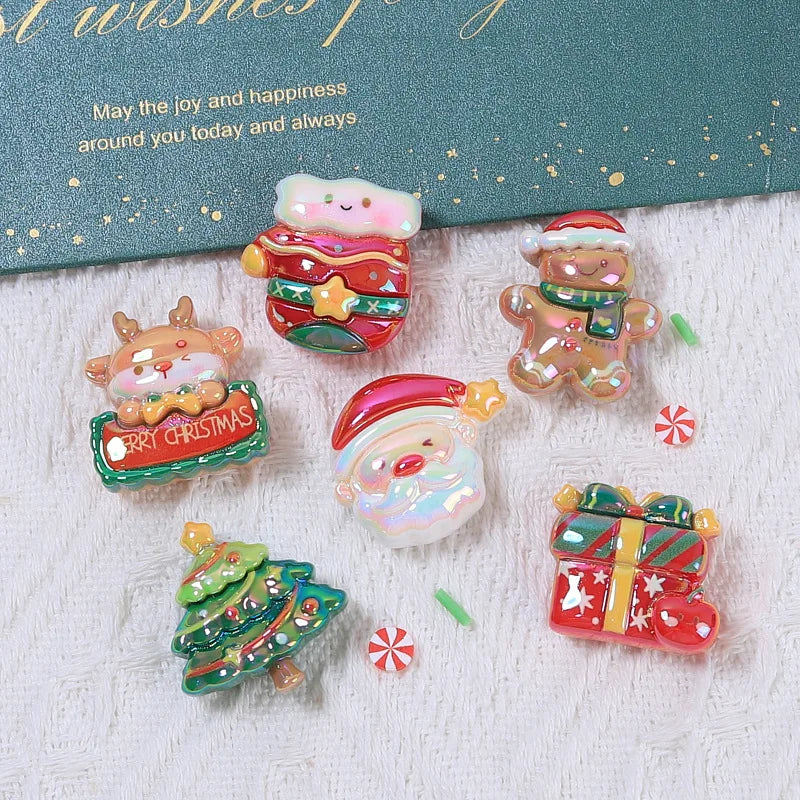 100Pcs Electroplate Shiny Christmas Elk Bear Tree Flat Back Resin Cabochon Scrapbook for Phone Case Art Decoration Accessories