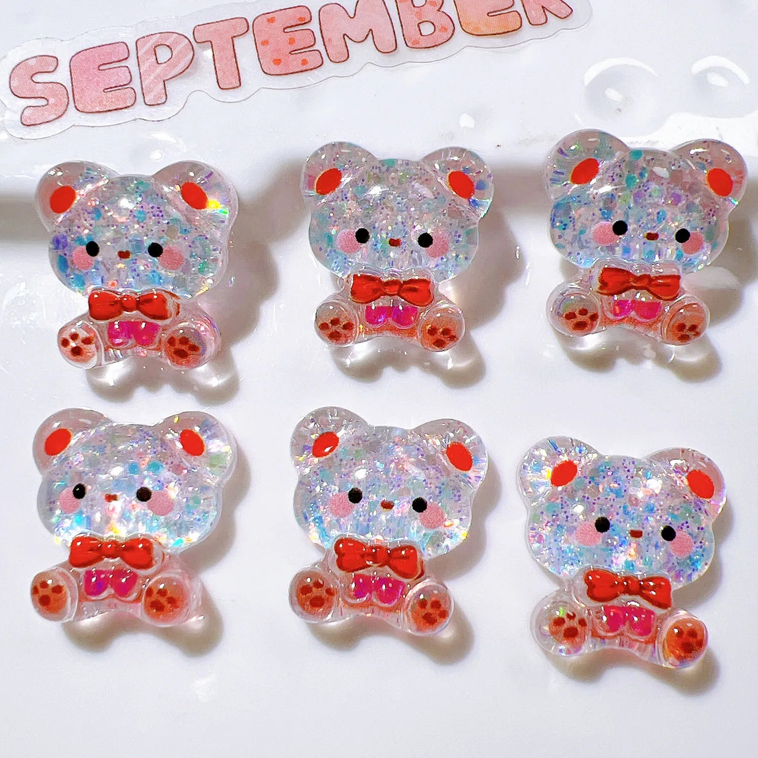 100Pcs Kawaii Glitter Cartoon Panda Bear Flat Back Resin Cabochon Scrapbook Crafts DIY Hair Accessories Phone Decor