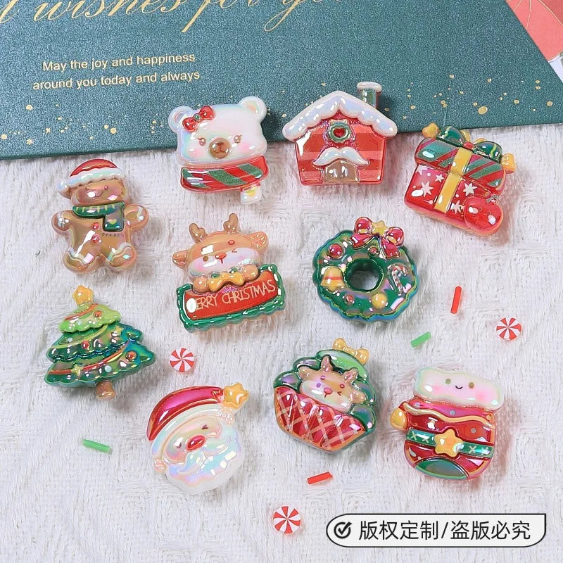 100Pcs Electroplate Shiny Christmas Elk Bear Tree Flat Back Resin Cabochon Scrapbook for Phone Case Art Decoration Accessories