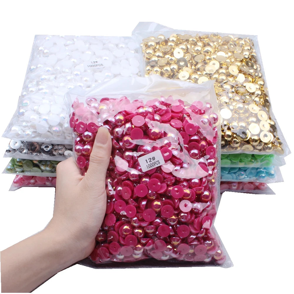 Hot Sale 1000pcs 12mm AB Colors Glue on Resin Half Round Flatback Beads for Clothes Dresses DIY Crafts Scrapbook Decoration