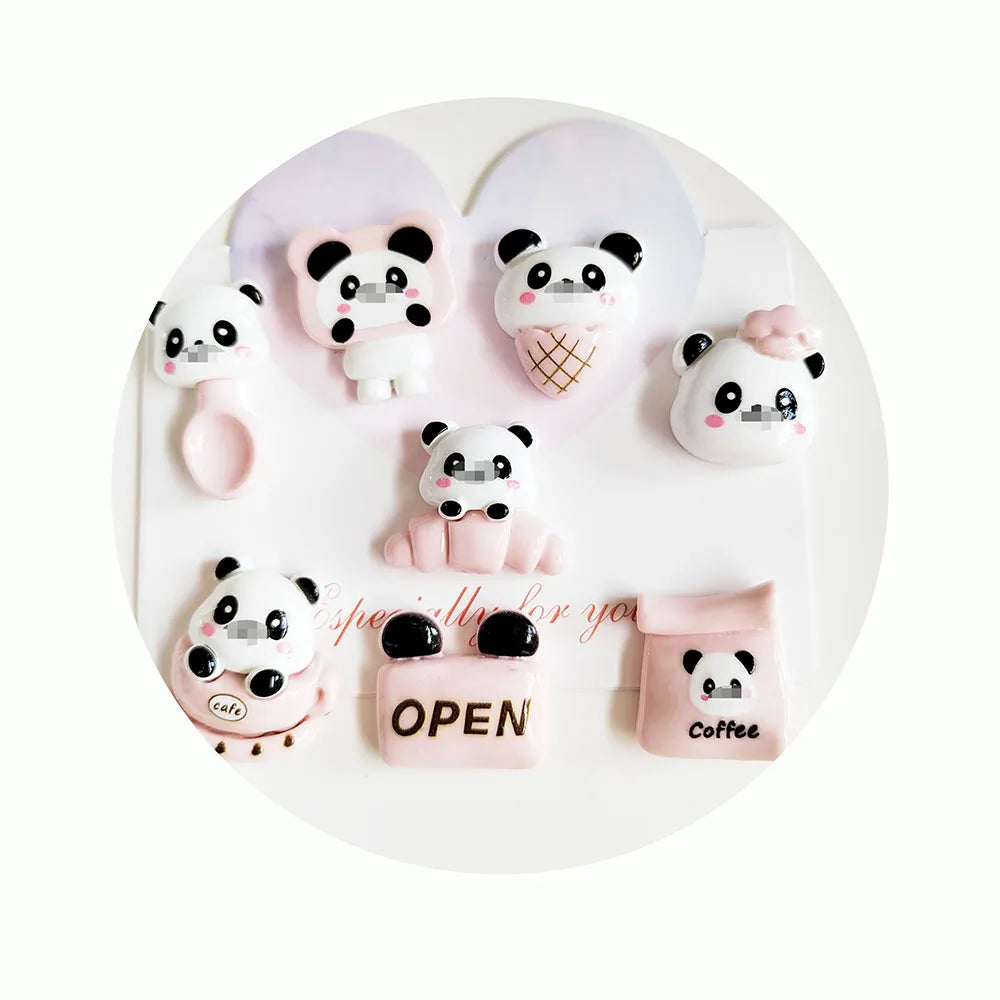 Kawaii Pink Panda Resin Figurines Food Bread Milk Charms Fit Slime Scrapbook Decorations