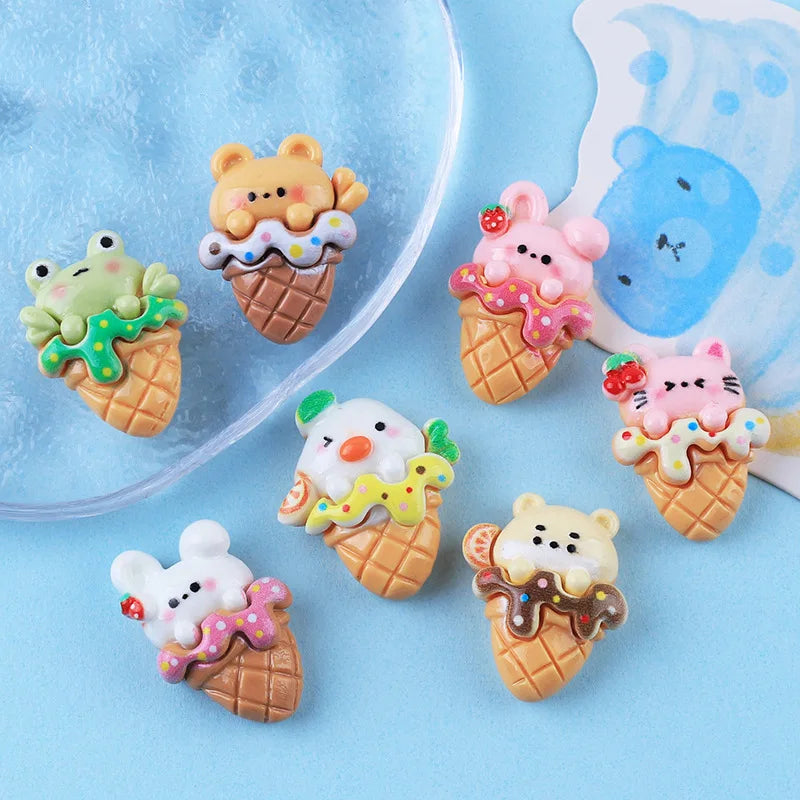 100Pcs Cartoon Mini Cute Bear Frog Ice Cream Flat Back Resin Cabochons Scrapbook Craft Diy Hair Bows Accessories Home Decor