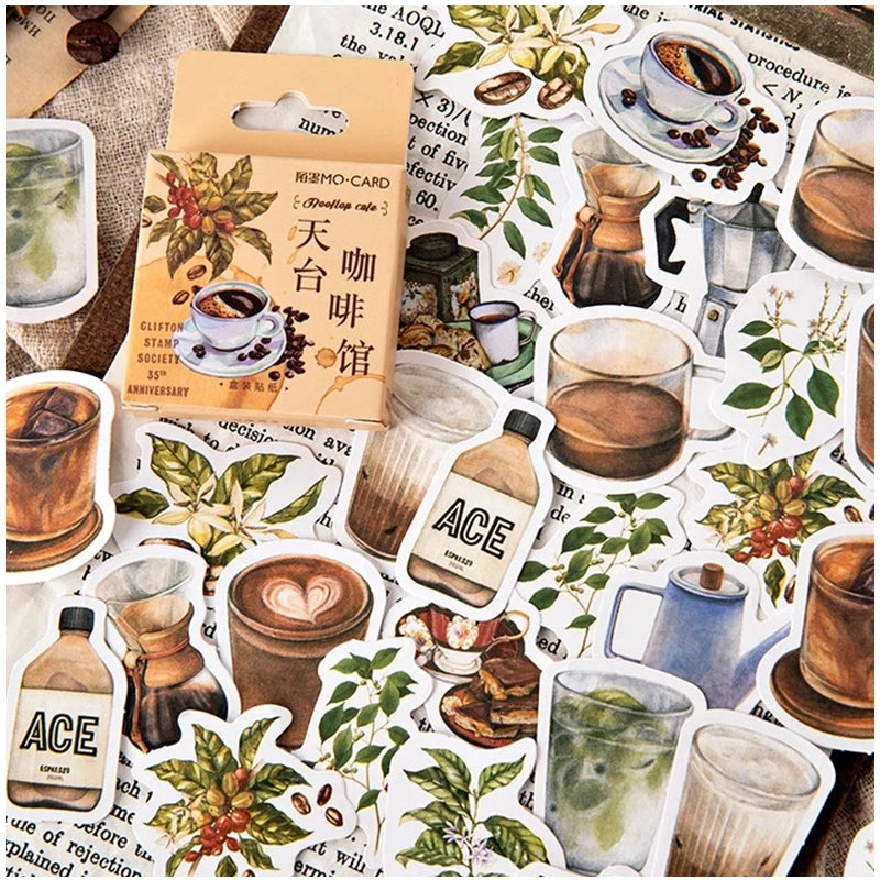45pcs/pack Vintage Rooftop Coffee Shop Scrapbooking Planner Paper Coffee Scrapbook Stickers