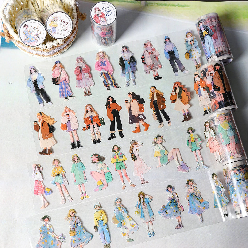 1 Roll Fashion Girl Stickers 4 Seasons Outfit DIY Scrapbook Journal Washi Tape For Phone Case Notebook Decoration Cute Stationer
