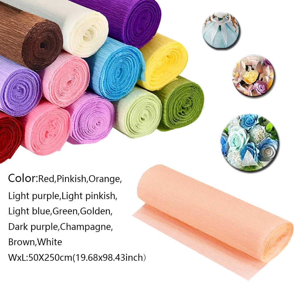 50x250cm 12 Colors Colored Crepe Paper Roll Origami Crinkled Crepe Paper Craft DIY Flowers Decoration Gift Wrapping Paper Craft