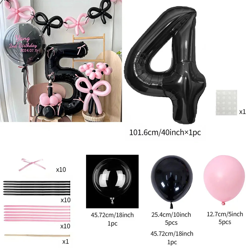 45 Pieces Pink Latex Balloon Black Number Balloon Set  for Girls Pink Butterfly Birthday Party, Anniversary Decoration (0-9)