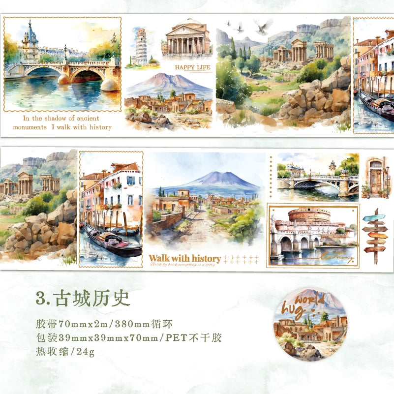 Yoofun 7x200cm Travelling The World Buildings Washi Tape DIY Scrapbooking Collage Junk Journal Sticker Label Masking Tape