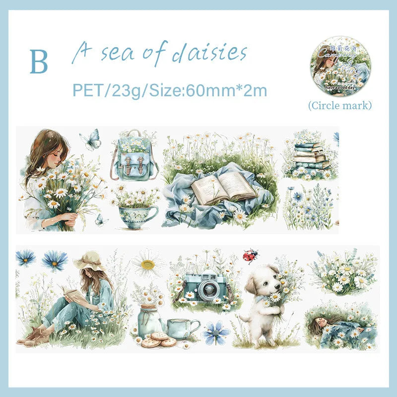 Journamm 60mm*2m Transparent PET Aesthetic Tape Flower Tape Decor Junk Journal DIY Scrapbooking School Supplies Collage Tapes