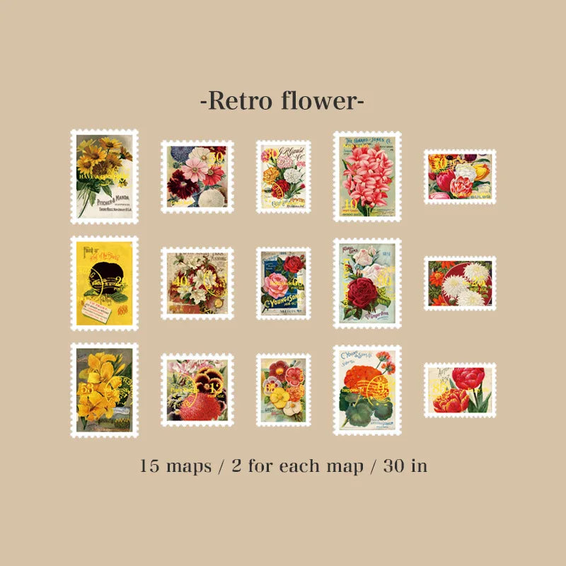 6style 30 pcs Travel Philatelic Stamp Decorative Gold Stickers DIY Scrapbook Label Diary Stationery Album Journal Sticker