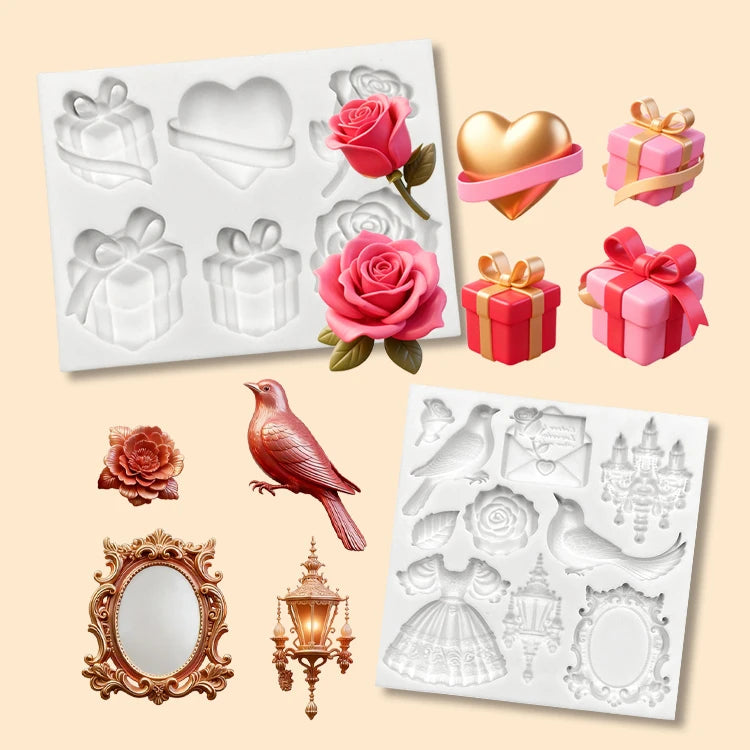 Valentine's Day Rose Silicone Molds Gift Box Bird and Dress Fondant Candy Chocolate Mould Wedding Cake Decoration Accessories
