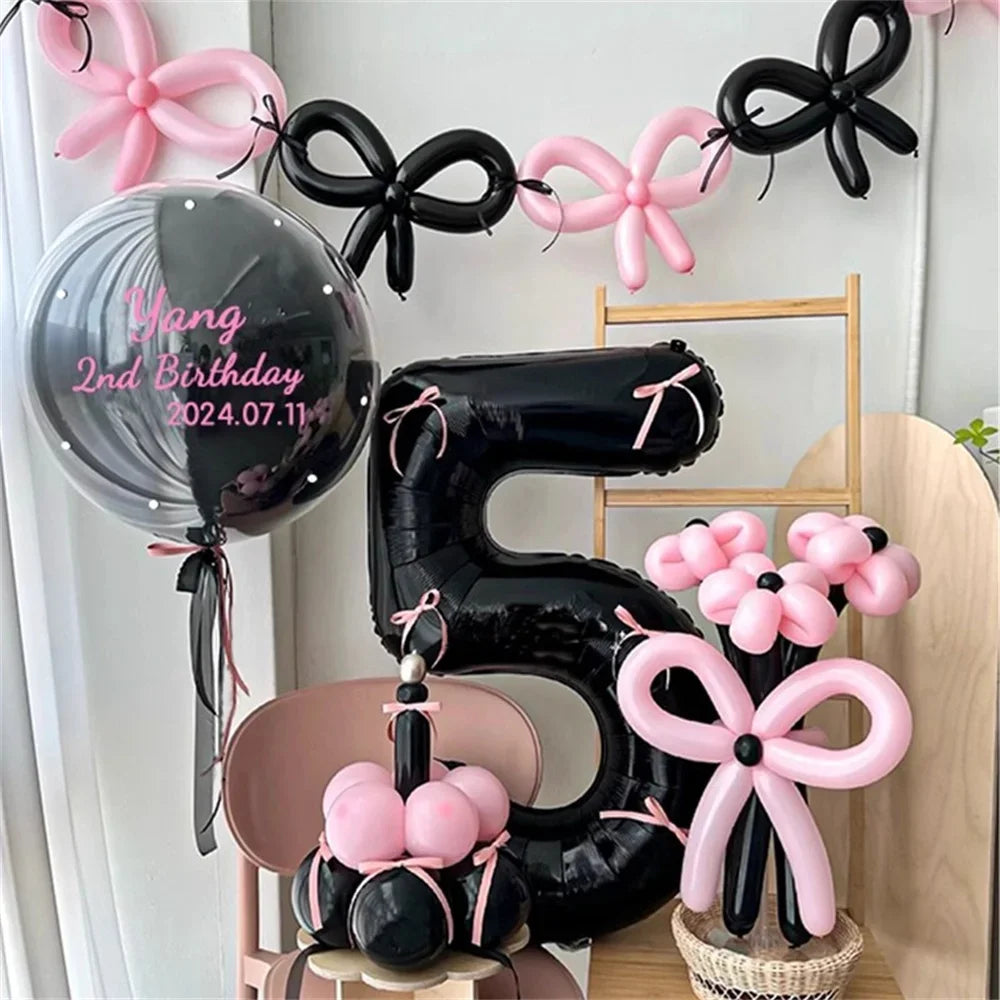 45 Pieces Pink Latex Balloon Black Number Balloon Set  for Girls Pink Butterfly Birthday Party, Anniversary Decoration (0-9)