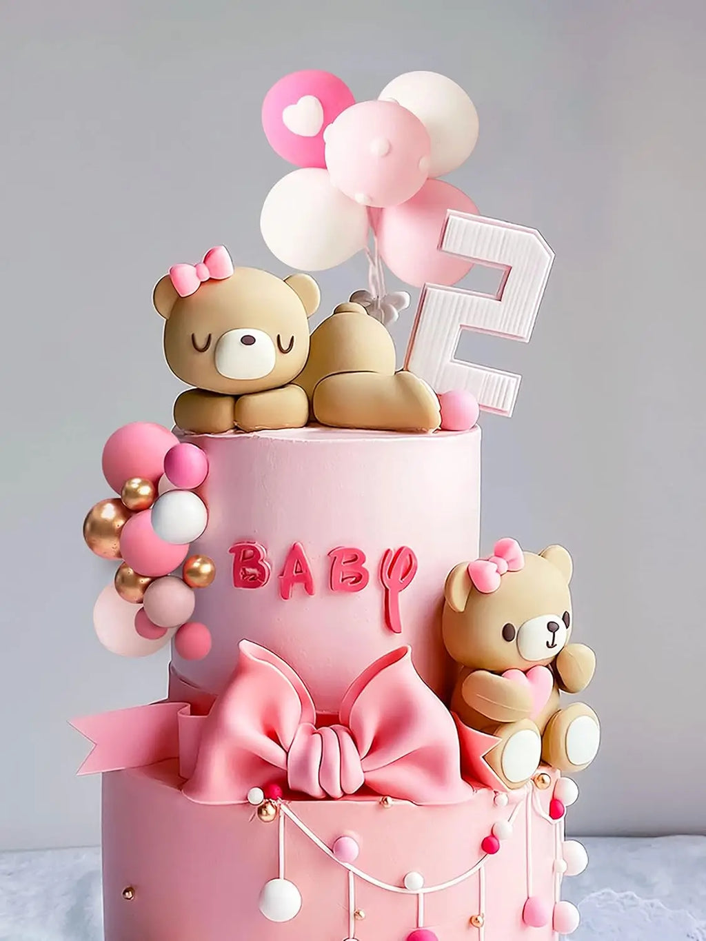 Luxury Teddy Bear Cake Decoration Bear Birthday Cake Topper With Bow for Baby Shower Girl's Birthday Party Supplies