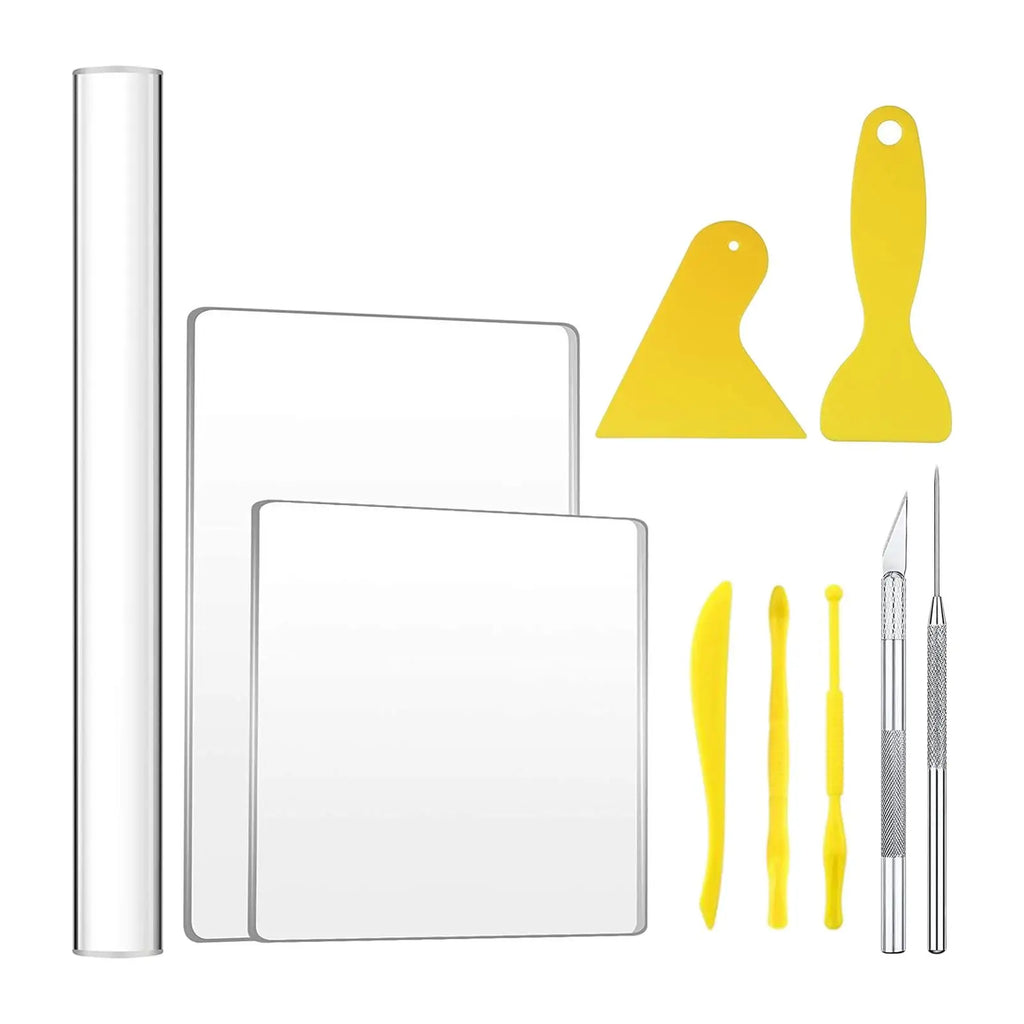 10x Acrylic Clay Roller with Acrylic Sheet Backing Board Assisted Shovel Rubber Clay Tools Hand-Made DIY Clay Tool Materials
