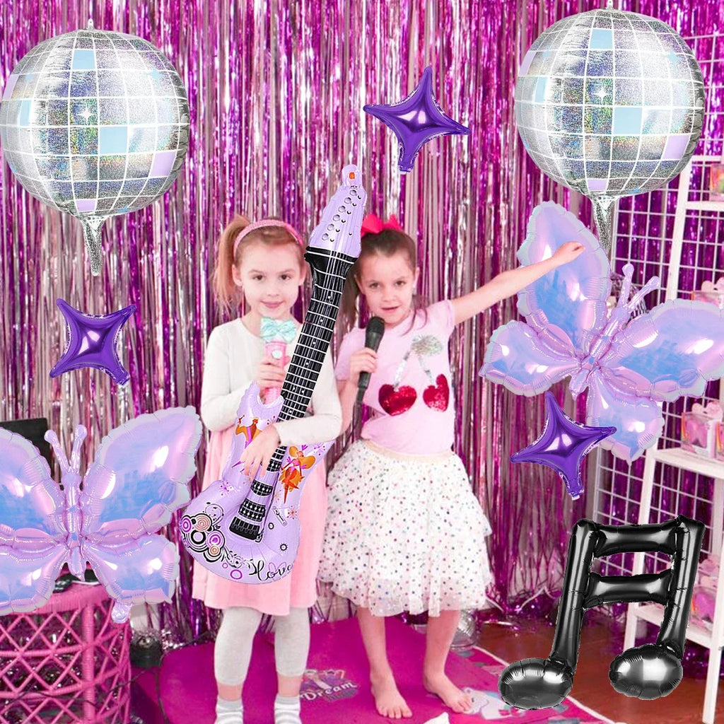 9 pcs 80s/90s music themed party balloons, disco ball, guitar balloon, purple butterfly, disco birthday party, rock theme