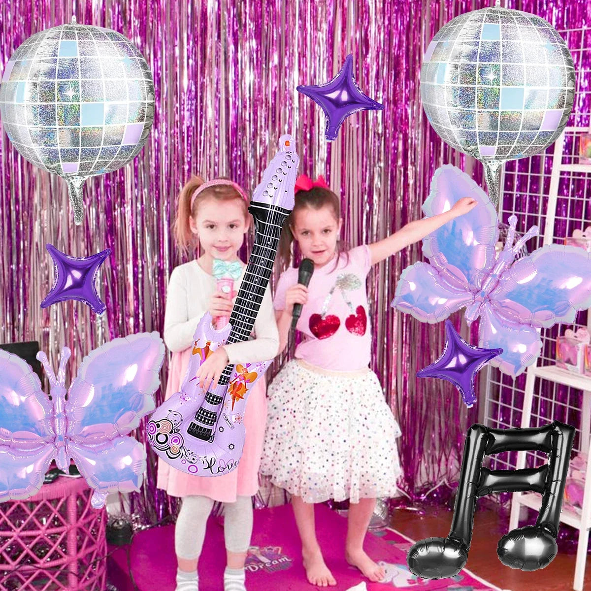 9 pcs 80s/90s music themed party balloons, disco ball, guitar balloon, purple butterfly, disco birthday party, rock theme
