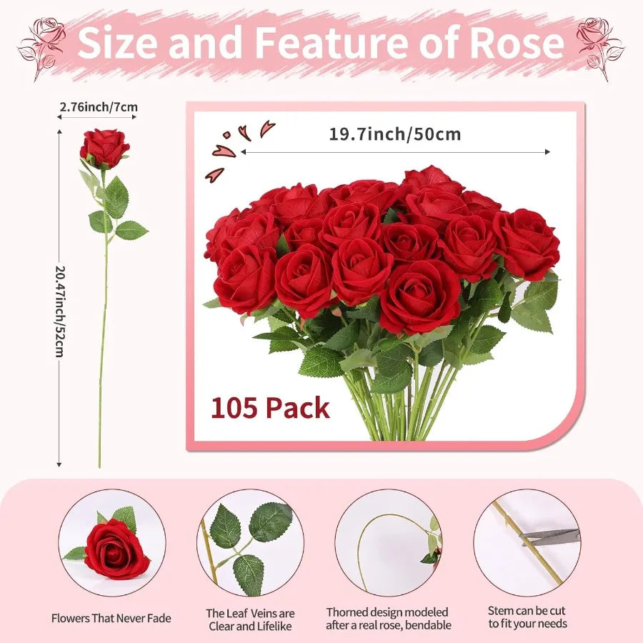 102 PCS Fake Roses Artificial Flowers Bulk Red Roses Silk Faux Rose with Stems for Wedding Flowers Decoration Valentine's Day B