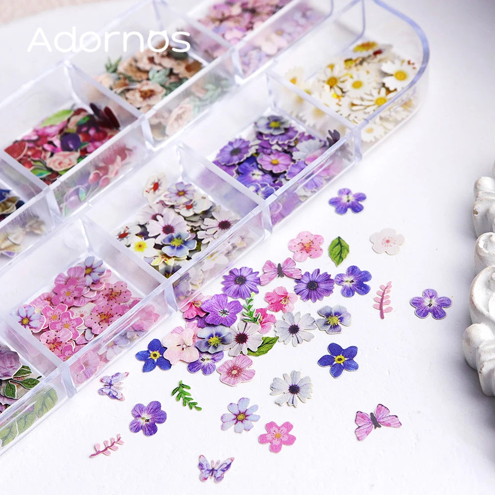 12 Grids Flower Wood Pulp Chips Epoxy Resin Filling Rose Iris Vetiver Flower Butterfly Shape Decorative Paper Flower DIY Crafts