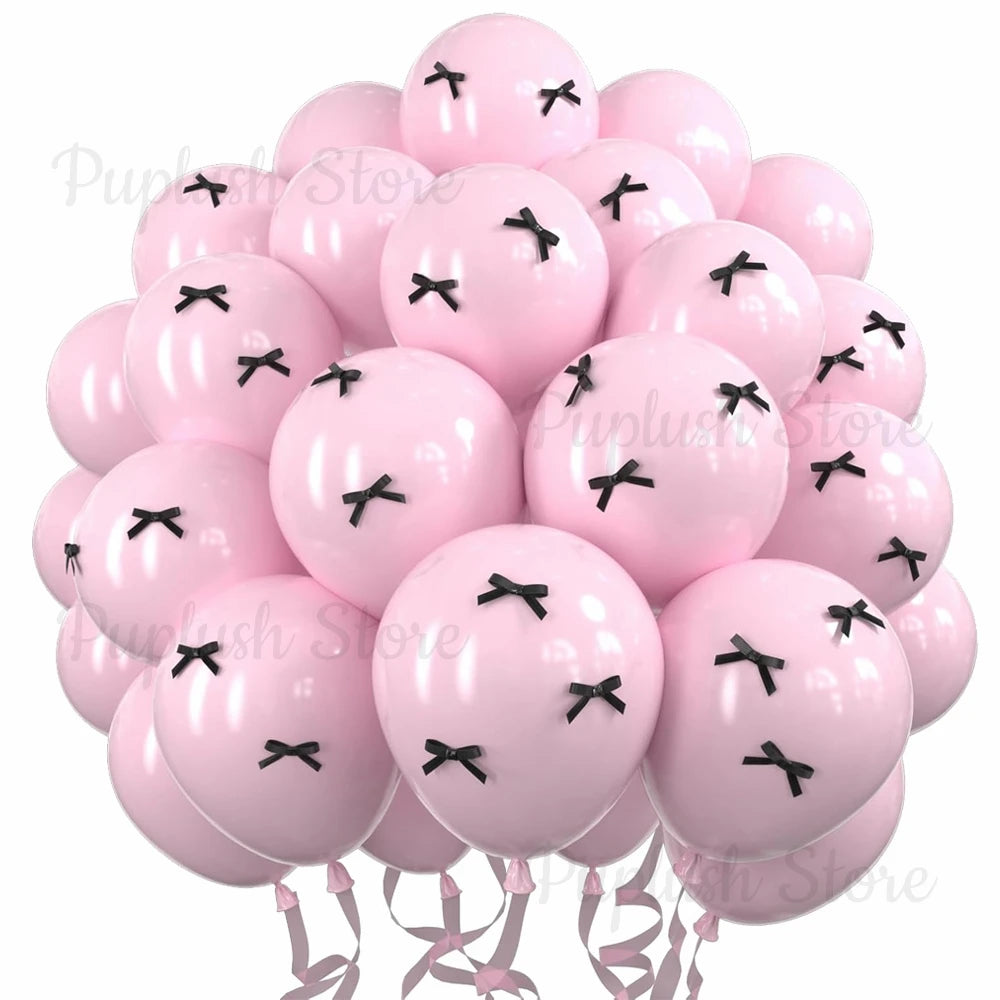 30Pcs Latex Balloons with Black Bow Coquette Bow Themed DIY Balloons Set for Boho Wedding Baby Shower Girls Birthday Party Decor