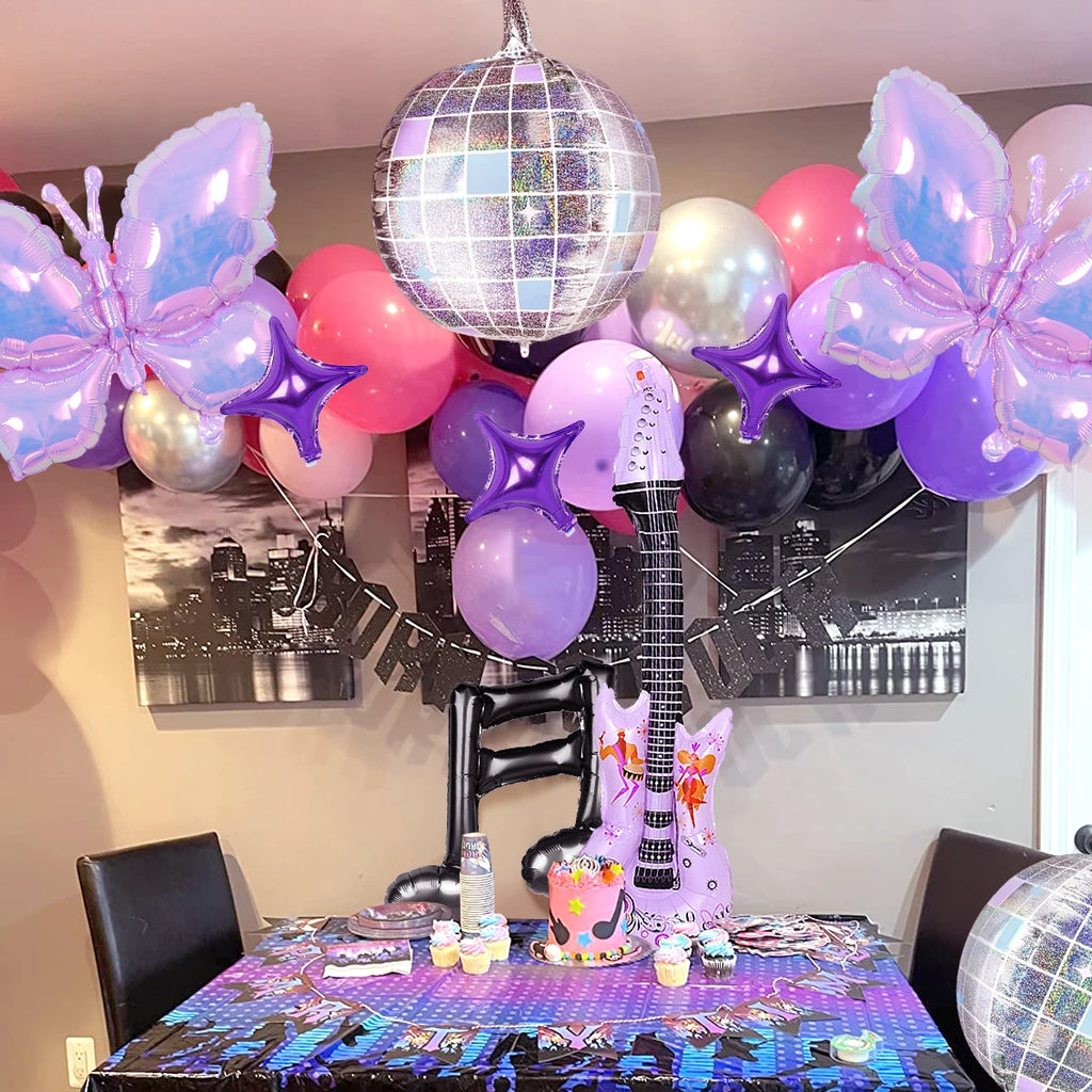 9 pcs 80s/90s music themed party balloons, disco ball, guitar balloon, purple butterfly, disco birthday party, rock theme