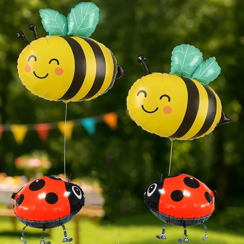 Cartoon Bee & Ladybug Balloons (4 Pcs) - 2 Big Smiling Bees & 2 Walking Ladybugs  for Baby Showers, Birthdays Bee Theme Decor
