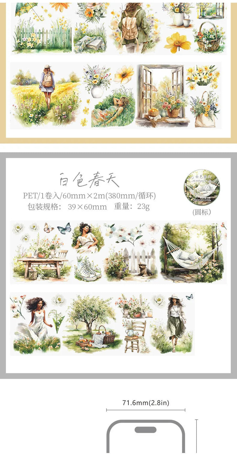 Journamm 60mm*2m Transparent PET Aesthetic Tape Flower Tape Decor Junk Journal DIY Scrapbooking School Supplies Collage Tapes