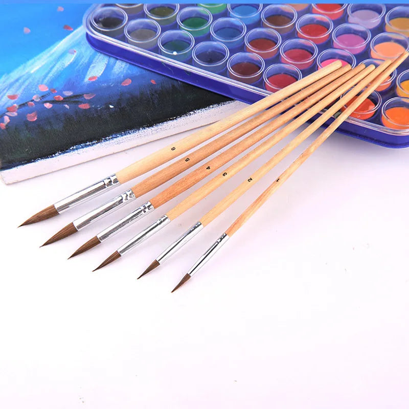 6pcs/Set,weasel hair circular head short wood rod brush watercolor brush painting pen acrylic oil painting brush art supplies